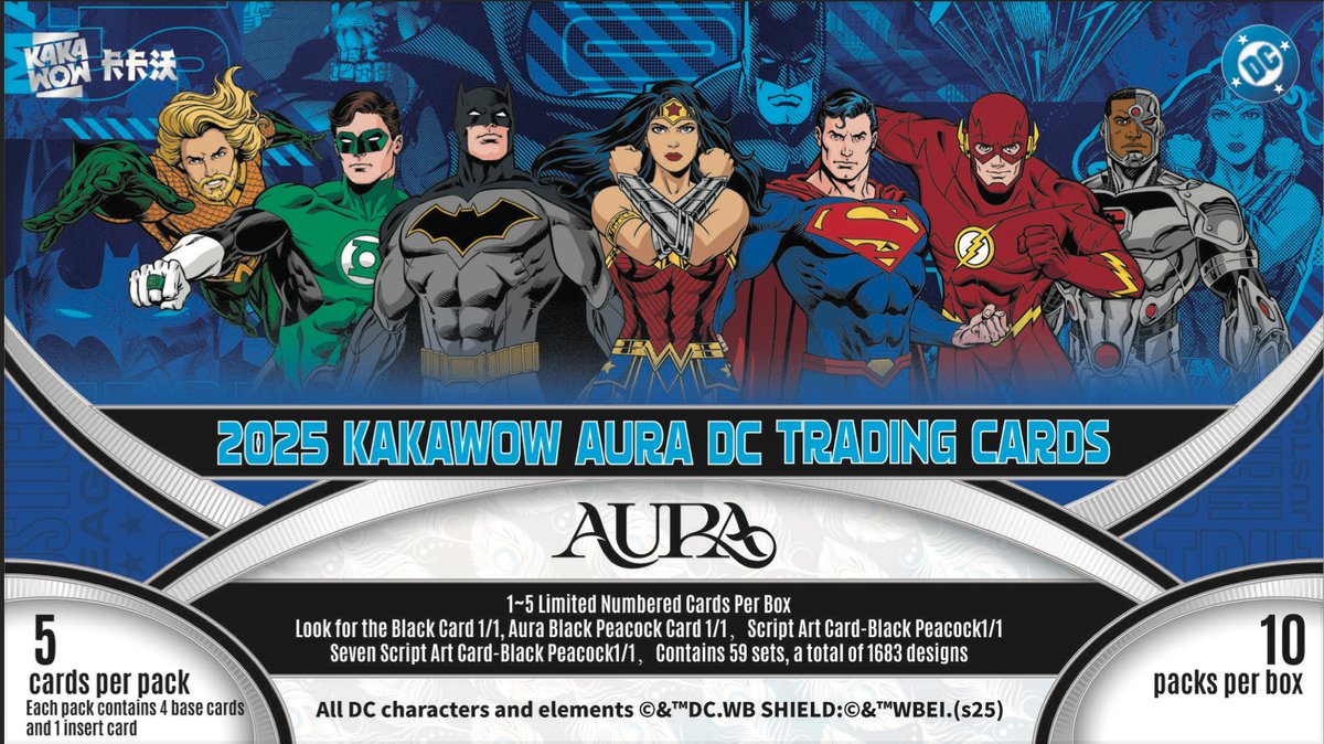 Kakawow Aura DC display box and Justice League cards